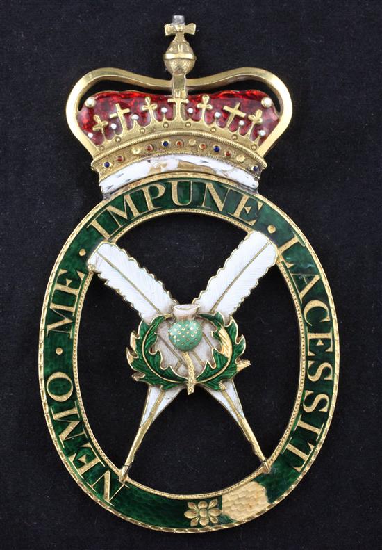 A rare enamelled gold neck badge of the Secretary of the Order of the Thistle